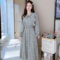 ราคา Long-Sleeve Tie-Neck Floral Print Chiffon Midi A-Line Dress (1118638251)
