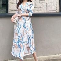 ราคา 3/4-Sleeve V-Neck Wrap Print Midi A-Line Dress (1131532864)