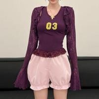 ราคา Crew Neck Numbering Embroidered Tank Top / Long Sleeve Plain Ruffle Lace Open Front Shrug / High Waist Ruffle Panel Balloon Shorts / Set (1131544392)