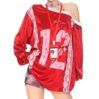 ราคา Long-Sleeve Cold Shoulder Number Print Lace Panel Contrast Trim Oversized T-Shirt (1131556573)