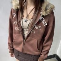 ราคา Long Sleeve Lettering Print Furry-Trim Zip-Up Hooded Jacket (1131559543)