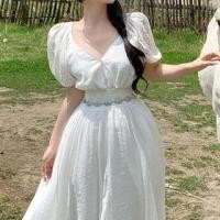 ราคา Puff-Sleeve V-Neck Plain Lace Panel Maxi A-Line Dress (1131558618)