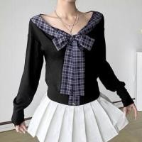 ราคา Long Sleeve V-Neck Plaid Paneled Bow Accent Button Detail Slim-Fit Top (1131588389)