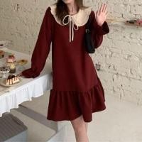 ราคา Long-Sleeve Peter Pan Collar Two Tone Bow Accent Frill Trim Corduroy Tunic Dress (1131573049)