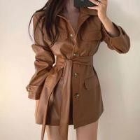 ราคา Long Sleeve Collared Plain Faux Leather Button Belted Shirt Dress (1131570547)