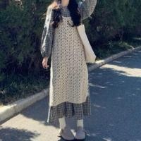 ราคา Long Sleeve Round Neck Plaid Midi A-Line Dress / Plain Slit Knit Midi A-Line Jumper Dress (1131588234)