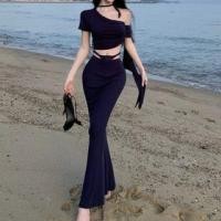 ราคา Set: Short Sleeve One Shoulder Plain Crop Top + Mid Waist Cutout Maxi Pencil Skirt (1131600606)