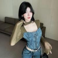 ราคา Long Sleeve See-Through Mesh Panel Washed Denim Lace Up Top (1131594559)