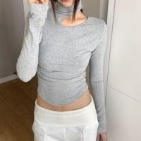 ราคา Long Sleeve Turtleneck Plain Cutout Ruched Top (1131593779)