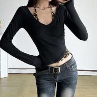 ราคา Mock Two-Piece Long-Sleeve Halter-Neck Leopard Print Panel Crop T-Shirt (1131626061)