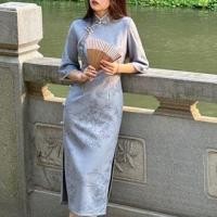 ราคา Elbow-Sleeve Floral Print Faux Pearl Trim Slit Midi Qipao (1128852970)
