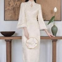 ราคา 3/4-Sleeve Jacquard Fluffy Trim Midi Qipao (1131628210)