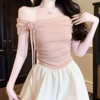 ราคา Set: Short-Sleeve Off-Shoulder Plain Ruched Slim Fit Crop Knit Top + Floral Choker (1131631998)