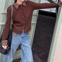 ราคา Mock Two-Piece Long-Sleeve Collar Plaid Panel Button Knit Top (1131642899)