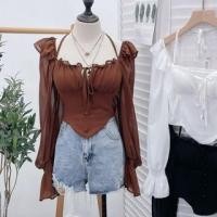 ราคา Long-Sleeve Halter Neck Plain Button Accent Frill Trim Tie Front Crop Top (1131638425)
