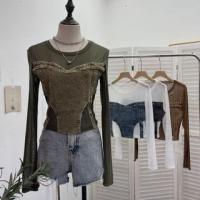 ราคา Long-Sleeve Crew Neck Denim Panel Mesh Slim Fit Crop Top (1131638477)