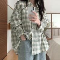 ราคา Long Sleeve Gingham Oversized Shirt Green & Off-White - One Size (1131643782)