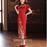 ราคา Short-Sleeve Floral Sequin Open Back Midi Sheath Wedding Qipao (1129196041)