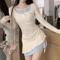 ราคา Mock Two-Piece Long-Sleeve Halter Plaid Panel Drawstring Knit Panel Mini Sheath Dress (1131645688)