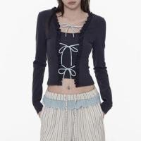 ราคา Long-Sleeve Square Neck Mock Two-Piece Frill Trim Tie Front Slim Fit Crop Top (1131660965)
