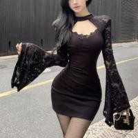 ราคา Bell Sleeve Mock Neck Plain Cutout Panel Lace Mini Sheath Dress (1131657120)