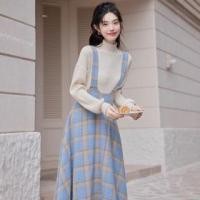 ราคา Set: Long-Sleeve Mock Neck Plain Ribbed Knit Top + Plaid Midi A-Line Overall Dress (1131657331)