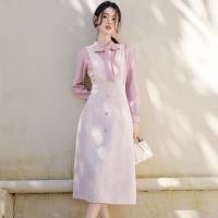 ราคา Mock Two-Piece Long-Sleeve Tie-Neck Button Midi A-Line Dress (1131657495)