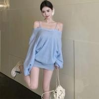 ราคา Long-Sleeve Boat Neck Plain Ribbed Knit Top / Spaghetti Strap Plain Mini Bodycon Dress (1131694937)