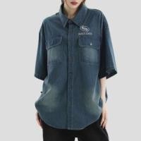 ราคา Couple Matching Short-Sleeve Lettering Embroidered Denim Oversized Shirt (1129116820)