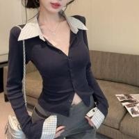 ราคา Mock Two-Piece Long-Sleeve Collar Plaid Panel Button Knit Top (1131695962)