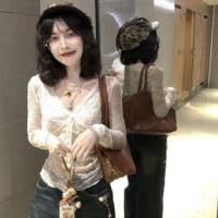 ราคา Long Sleeve V-Neck Plain Bow Lace Top / Bra / High Waist Floral Print Washed Panel Wide Leg Jeans / Set (1131699398)