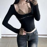 ราคา Long Sleeve Mock Two Piece V-Neck Leopard Print Paneled Slim-Fit Crop Top (1131707748)