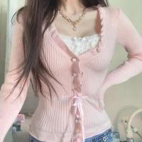 ราคา Long-Sleeve Square Neck Mock Two-Piece Lace Panel Frill Trim Tie Waist Knit Top (1131708572)