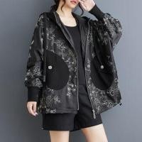 ราคา Floral Embroidered Drawstring Hooded Zip Jacket Black - One Size (1131729438)