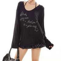 ราคา Long-Sleeve Scoop Neck Lettering Rhinestone T-Shirt (1131733851)