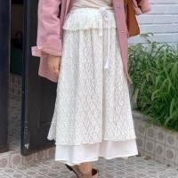 ราคา High Waist Bow Accent Plain Lace Layered Midi A-Line Skirt (1131730271)