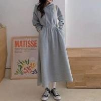 ราคา Plain Drawstring Midi A-Line Hoodie Dress (1131763088)