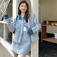 ราคา Set: Collar Denim Panel Fringed Button Jacket + High Waist Mini Pencil Skirt (1131762199)