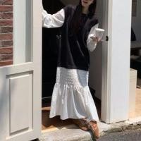 ราคา Long-Sleeve Crew Neck Mock Two-Piece Two Tone Ruched Maxi Tunic Dress (1131746185)