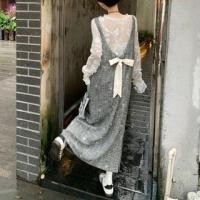 ราคา Long Sleeve Round Neck Floral Embroidered Lace Trim Top / Scoop Neck Bow Tweed Maxi A-Line Jumper Dress (1131745576)
