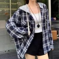 ราคา Long Sleeve Plaid Panel Hood Button Top (1131761811)