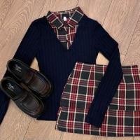ราคา Mock Two-Piece Long-Sleeve Collar Plaid Panel Knit Top / Plaid Detachable A-Line Skirt (1127929576)