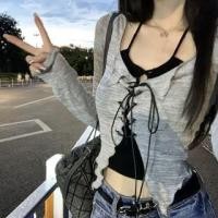 ราคา Set: Long-Sleeve V-Neck Melange Lace-Up Knit Top + Crop Cami Top Set Of 2 - Long-Sleeve Top & Camisole Top - Gray & Black - One Size (1131762004)