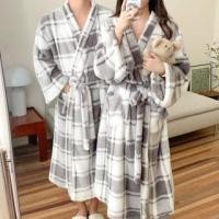 ราคา Couple Matching V-Neck Plaid Tie Waist Fleece Pajama Robe (1131763682)