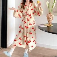 ราคา V-Neck Cherry Print Tie Waist Fleece Pajama Robe Red Cherry - Off-White - One Size (1131763693)