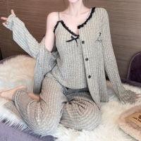 ราคา Pajama Set: Plain Ribbed Lace Trim Bow Camisole Top + Long-Sleeve Button-Up Top + Pants (1131926827)