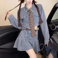 ราคา Set: Pocket Detail Washed Denim Cropped Jacket + High Waist Pleated Mini A-Line Skirt + Plaid Tie (1131917403)