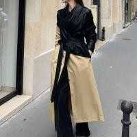 ราคา Collared Two Tone Panel Faux Leather Midi Tie Front Trench Coat Black & Yellow - One Size (1131937038)