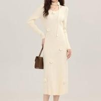 ราคา Long-Sleeve V-Neck Floral Accent Knit Maxi Sheath Dress (1131934085)