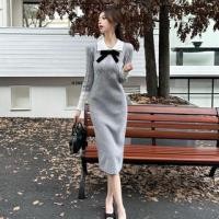 ราคา Long-Sleeve Collared Bow Accent Contrast Trim Cable Knit Midi Sheath Dress (1131935894)